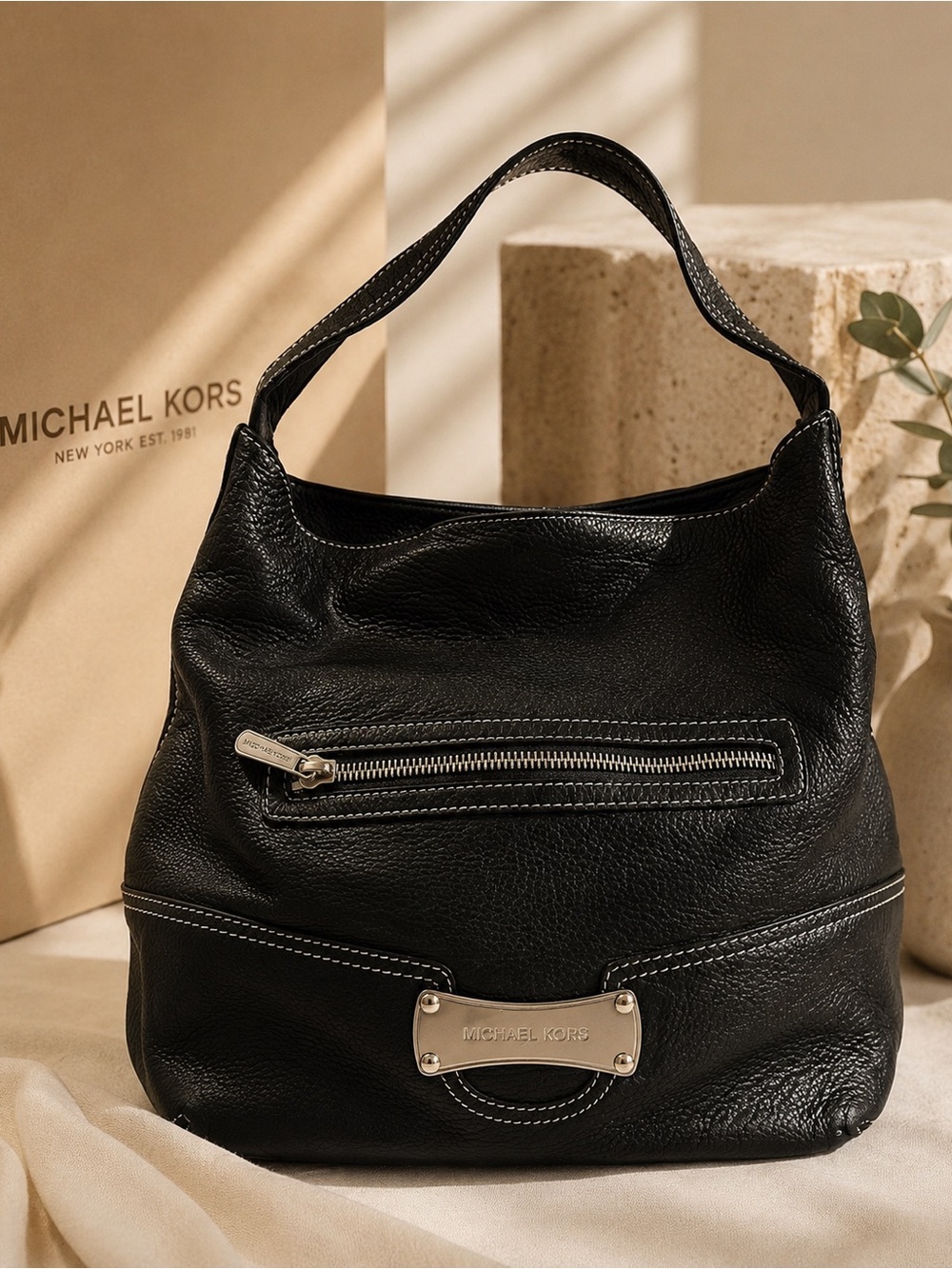 Michael Kors Black Leather Shoulder Hobo with Silver Hardware